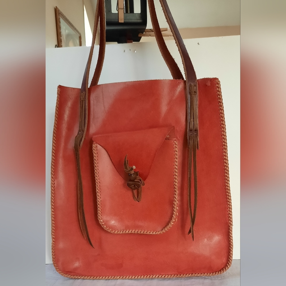 Western Red Leather Tote Bag, Hand Made By A Cowboy Artist.